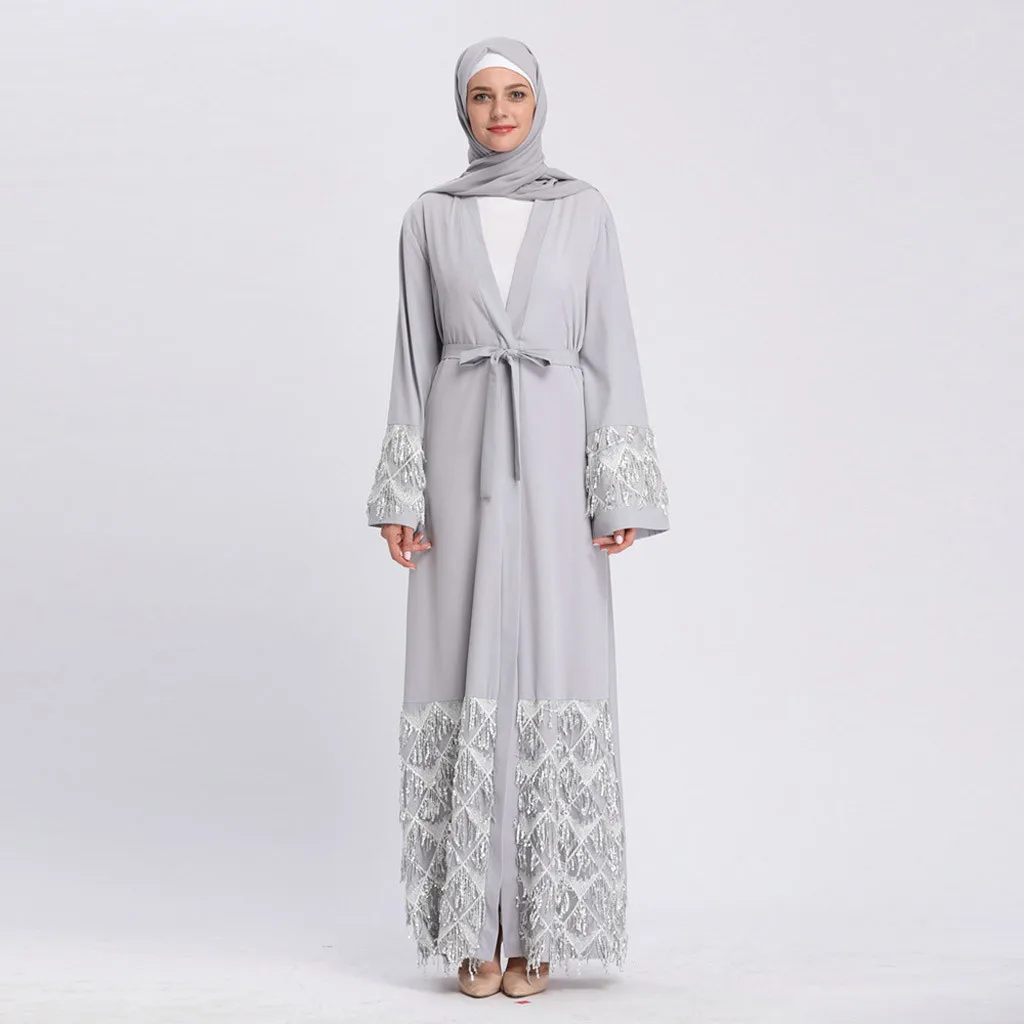 Abaya Мусульманское Платье серое Бисероплетение женское цветочное длинное платье с принтом халат открытый кардиган «абайя» мусульманский Дубай халат GownY510