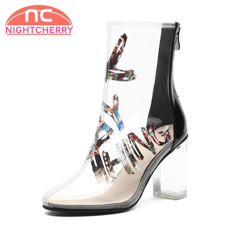

NIGHTCHERRY Women Ankle Boots Colorful Print Transparent Shoes Women Patchwork Patent Leather Zipper High Heel Boots Size 33-41
