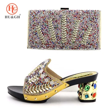 

2019 African Fashion Shoe and Bag Ladies Gold Color Shoes with Matching Bag for Woman Italian Shoes and Bag Set Wedding Party