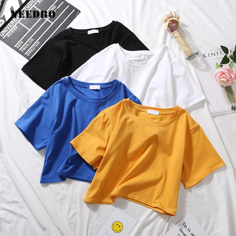 

NEEDBO Best Sell Sexy Crop Top t shirt Femme Short Sleeve Casual Cotton Tshirt for Women High Waist Slim T-shirt Sport Tops&Tees