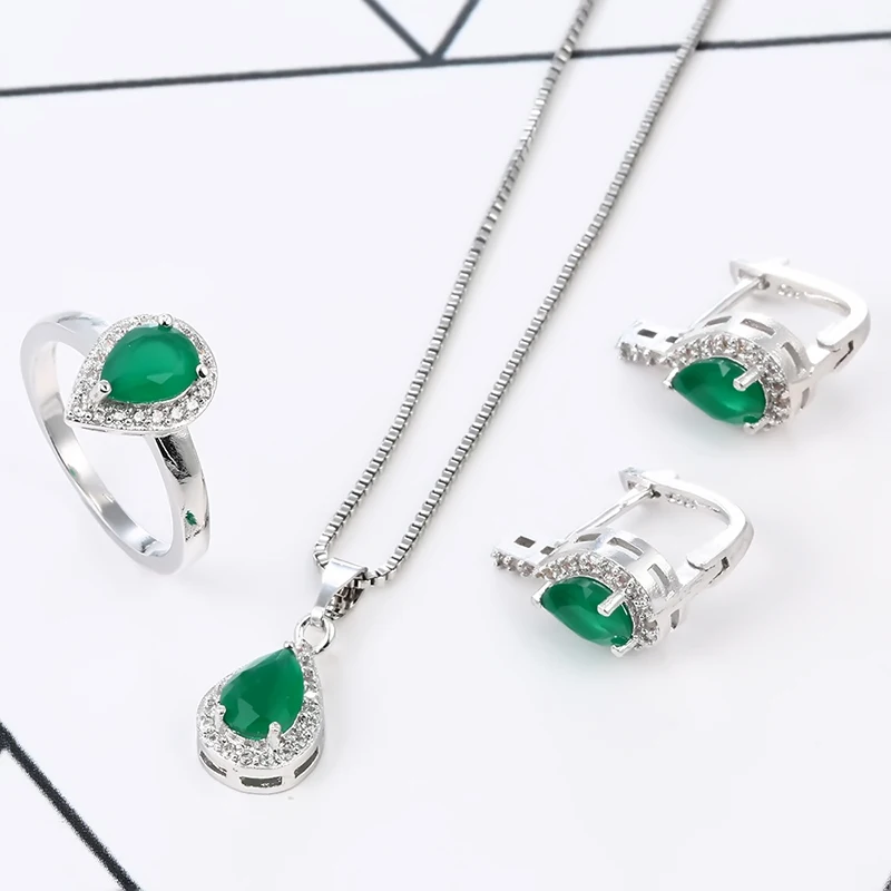 Модные комплекты украшений для женщин, подарок на свадьбу, серебряный цвет, ожерелье из зеленого камня с подвеской, серьги, кольца, наборы Z4Z029