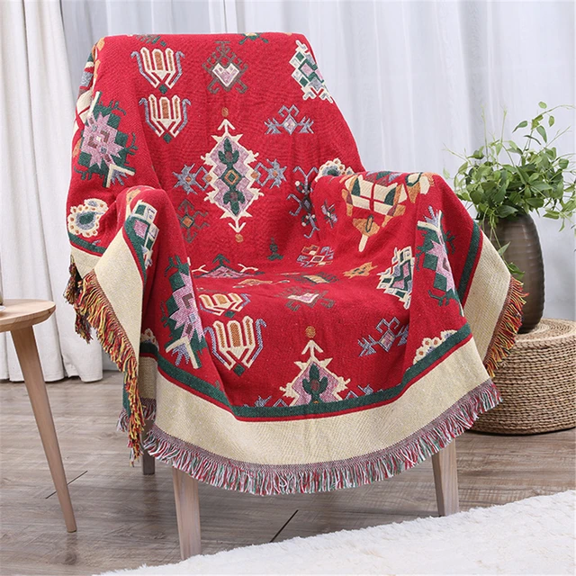 Ethnic Boho Cotton Blanket Knitted Large Floral Plaid Sofa Bed Throws