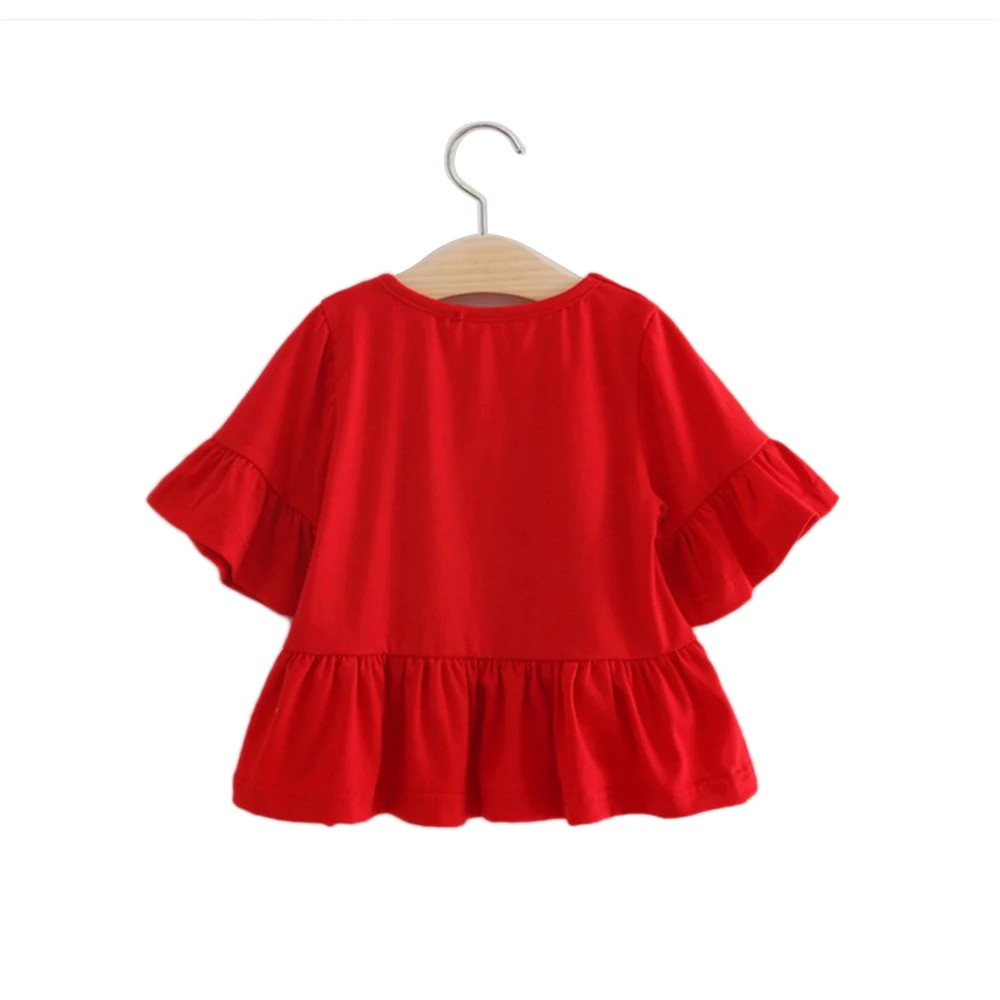 Модная детская одежда; топы для девочек в Корейском стиле; сезон лето-весна; красная рубашка с рукавами-трубы; футболка