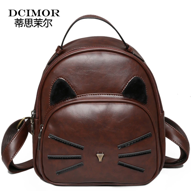 

DCIMOR Mochilas Travel bag Women's Backpack Cat PU Leather school backpack female mini backpack the high school for girls bags