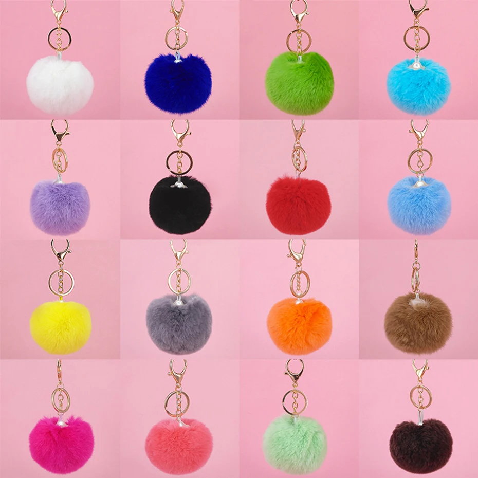 

1Pcs 19Color Best Puff Ball KeyChains Cute Hairball Key Chains Womens Gold-color Zinc Alloy Key Chains Car Bag Animal Key Chains