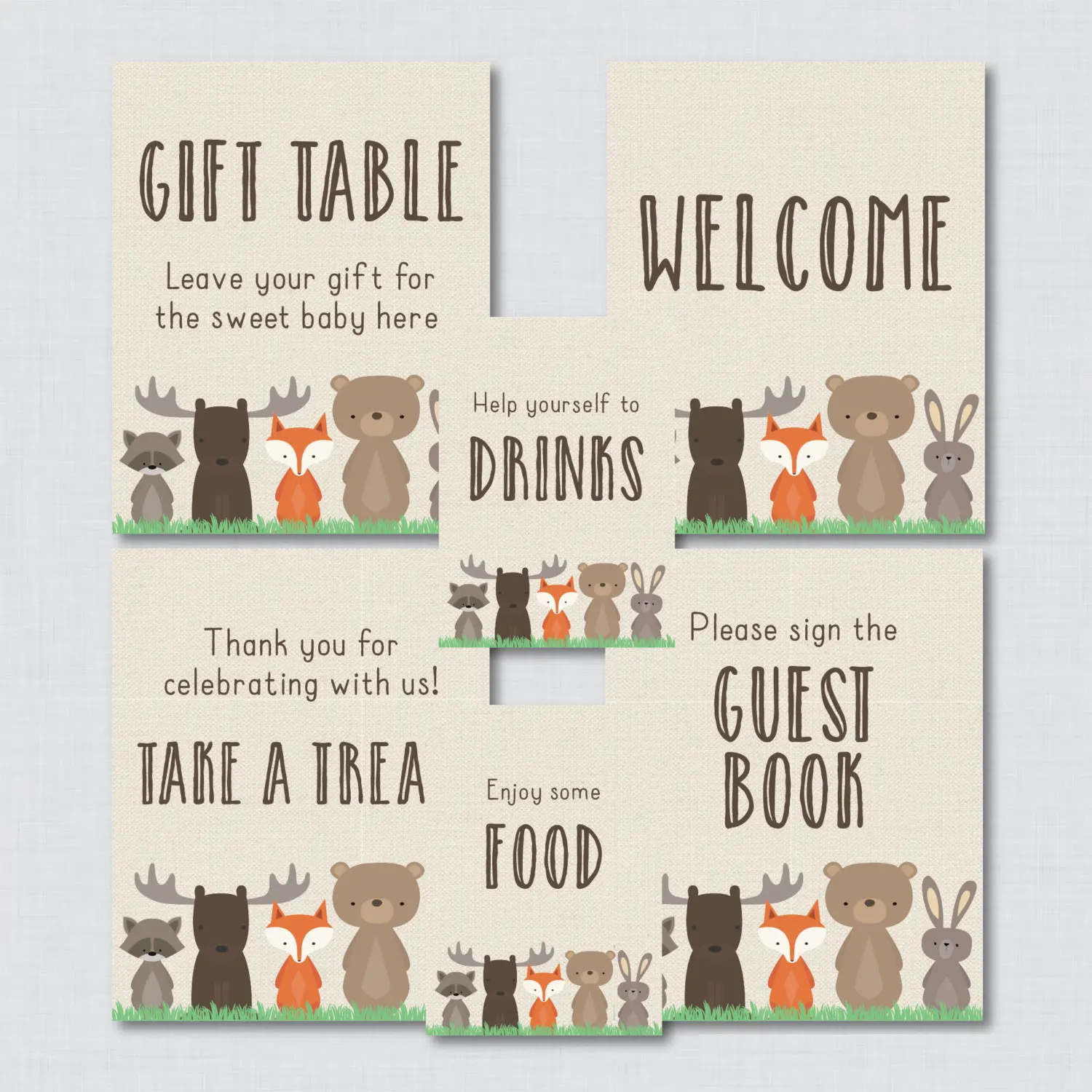 

Woodland Theme Baby Shower Table Signs - 6 Signs! Welcome Sign, Favors Sign, etc - Woodland Baby Shower Decor