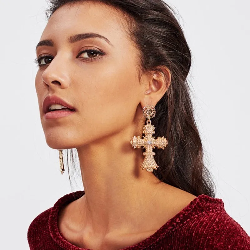 

JOUVAL Religious Style Women Long Metal Drop Earrings Cross Shape Rhinestone Big Statement Lady Eardrop Dangle Earring Jewelry