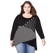 Асимметричные футболки в полоску размера плюс, женские повседневные туники большого размера, женские футболки Осень-зима, женские футболки 5XL