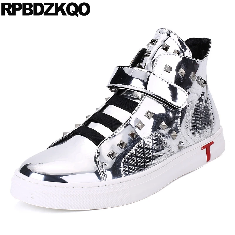 

Ankle Rock Metalic High Top Gold Silver Stud Shoes Rivet Mens Black Patent Leather Boots Casual Punk Sneakers Booties Trainer