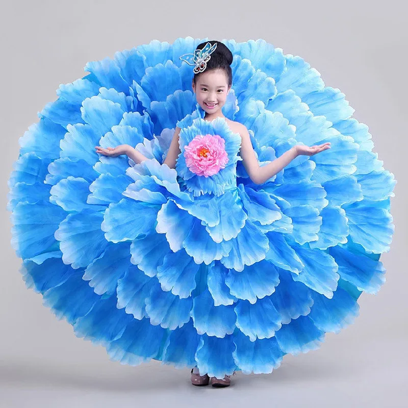 Детский танцевальный костюм для фламенко, расширенное платье, современная танцевальная одежда, юбка с лепестками, испанское платье для фламенко для девочек, 720 градусов - Цвет: blue