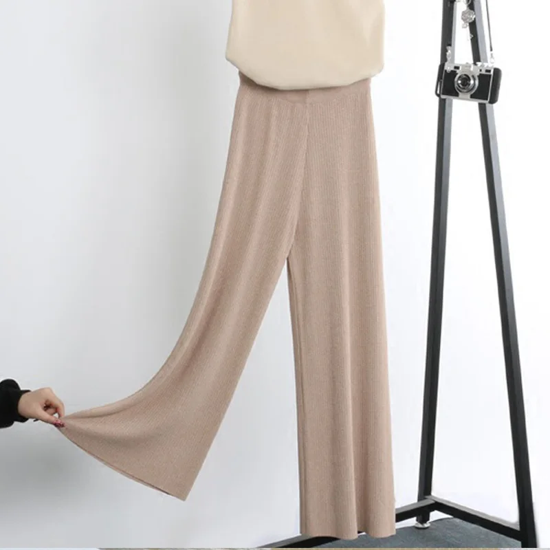 Летняя модная женская короткая эластичная резинка на талии, одноцветные вязанные Широкие штаны до щиколотки, женские вязаные широкие свободные брюки для отдыха - Цвет: Хаки