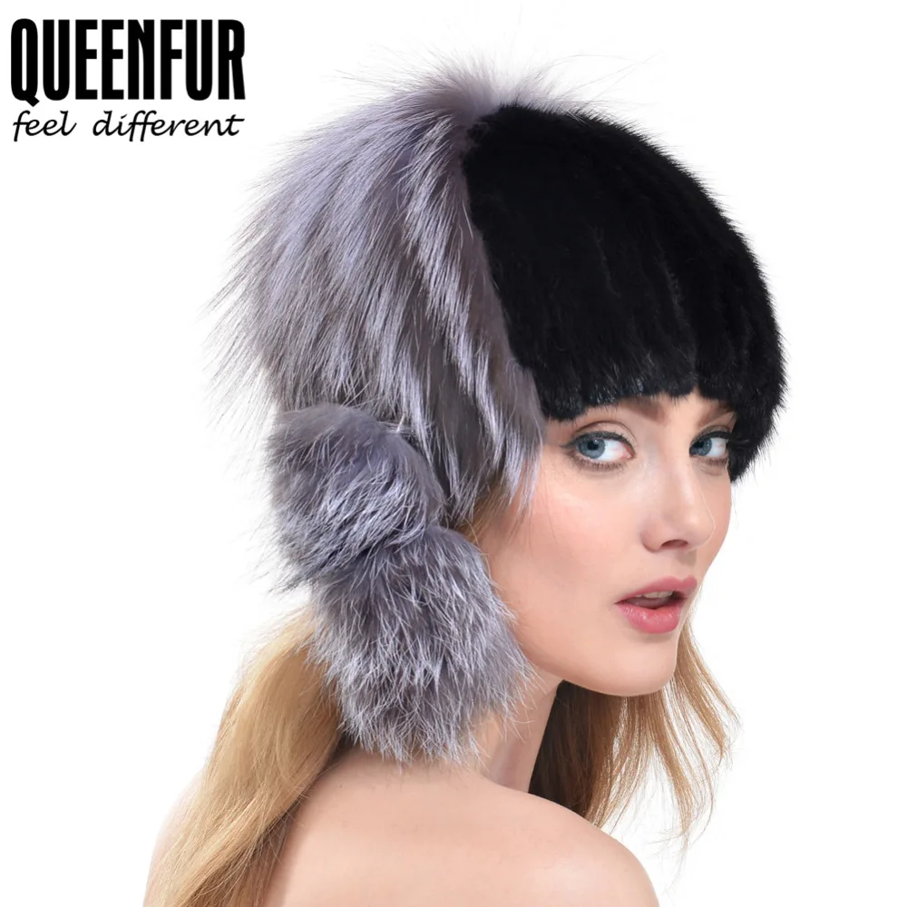 QUEENFUR Imported Genuine Knitted Mink Fur Hat With Silver