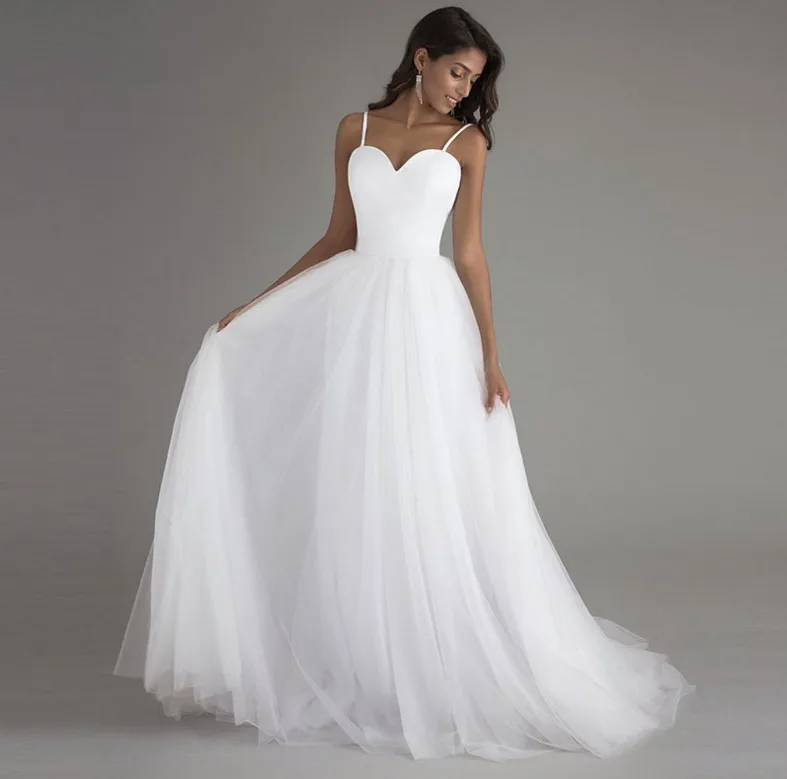 Sexy V-neck Beach Wedding Dresses Simple Tulle Spaghetti Straps Summer Bridal Wedding Gowns Custom Size Color