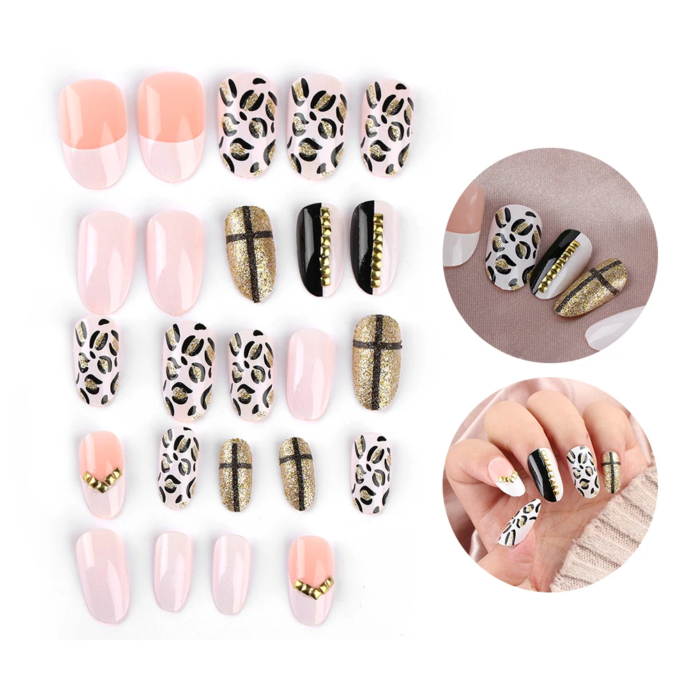 24pcs/set Fashion Leopard False Nail New With Flash Powder Metal Nail ...