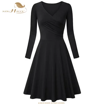 

SISHION 2019 Women Autumn Dress VD1145 Long Sleeve V Neck A Line Black Wine Red Blue Casual Ladies Women Dress vestidos