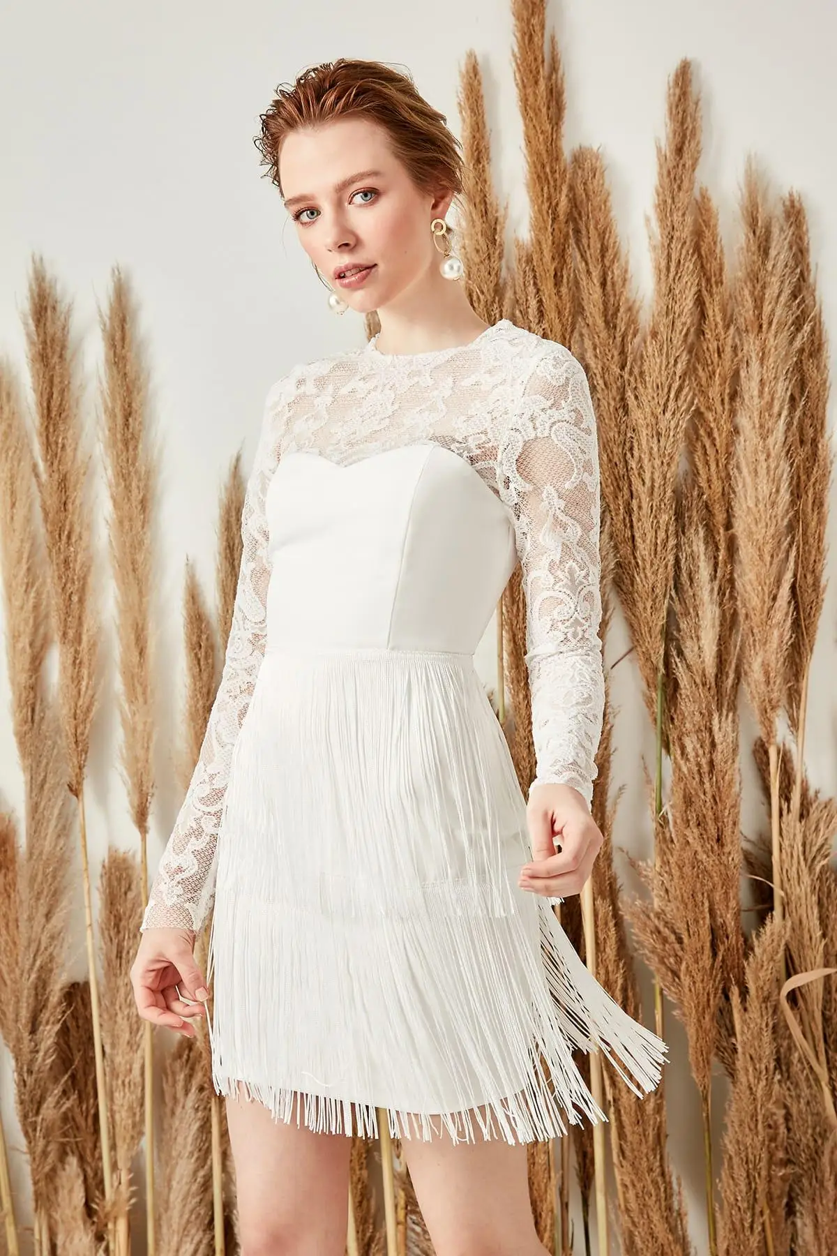 Trendyol белое платье с кисточками TPRSS19FZ0191|Платья| |