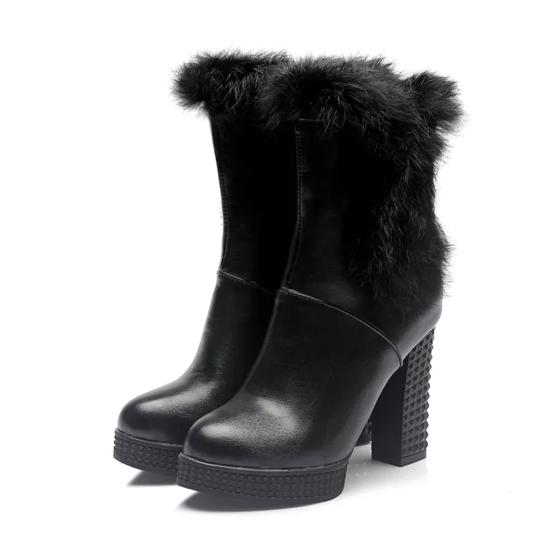 

Vintage Style Square High Heel Lady Shoe PU leather Women Ankle Boot Fur Woman Motorcycle Boot Black White Shoe Size 34-42