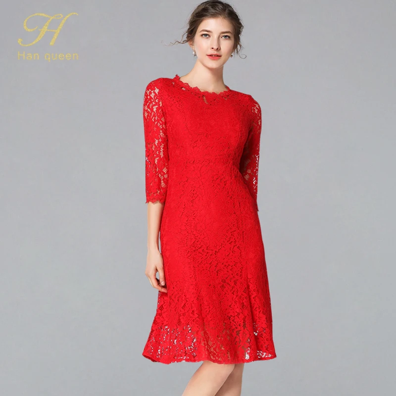 

H Han Queen 2019 Spring OL Red Lace Pencil Dress Europe Hollow Out New Fashion Sexy Vintage Club Slim Office Party Dresses