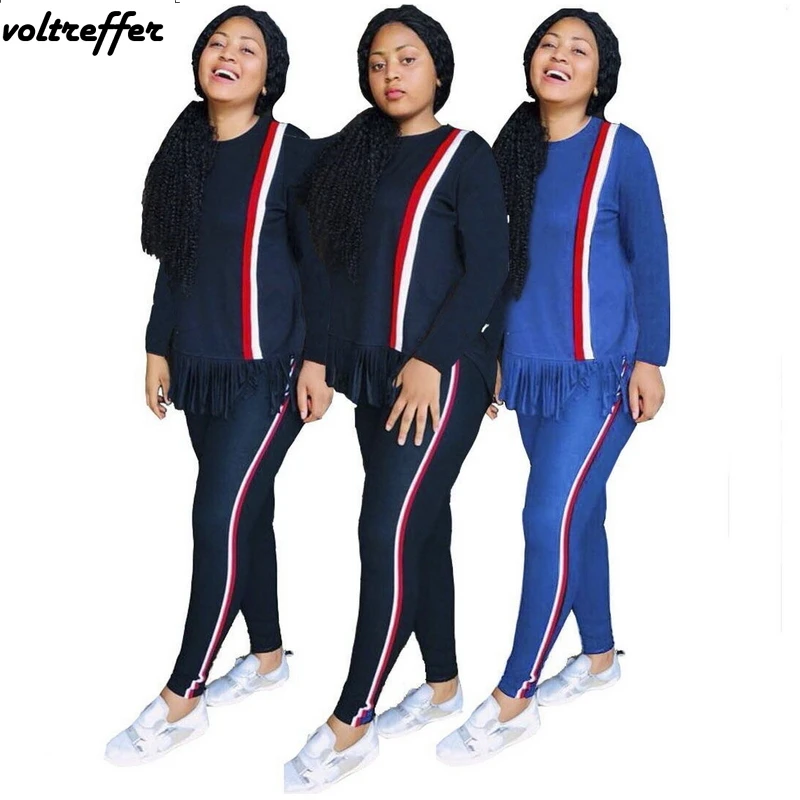 Striped Printed Two Piece Set Pullover Tassels Long Pants Sweat Suit Casual Outfits 2018 Fall Loose Activewear Matching Sets | Женская