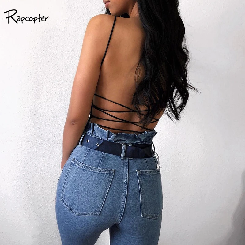 

Rapcopter Lace Up Black Bandage Cross Sexy Bodysuits Backless Strapless body Camis Bodysuit Women Summer Bodycon Jumpsuit 2019
