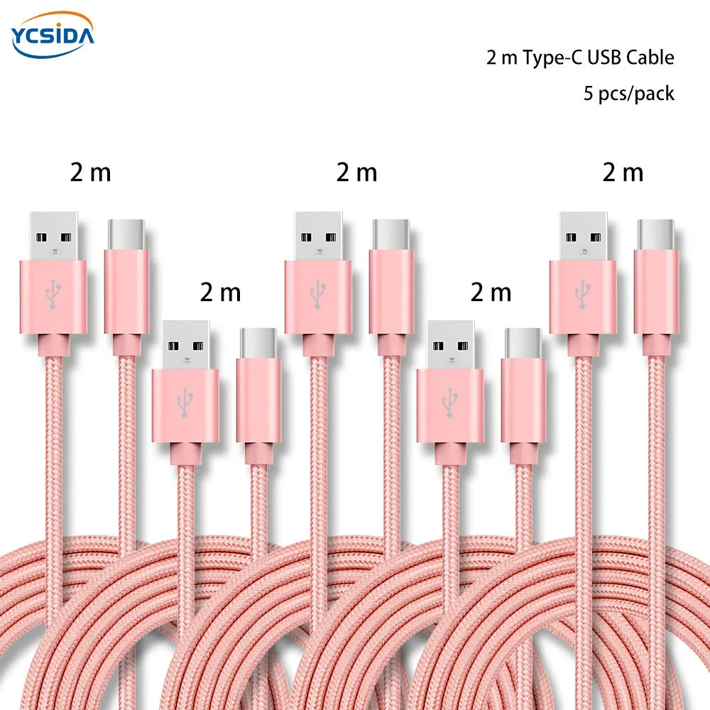Синий 2 м 5 шт./упак. 5 V 2.4A USB C для передачи данных в нейлоновой Зарядное устройство кабель для samsung S10/LG G6/huawei mate 20/xiao Mi 8/OPPO R17/vivo NEX кабель - Тип штекера: Pink 2m 5pcs