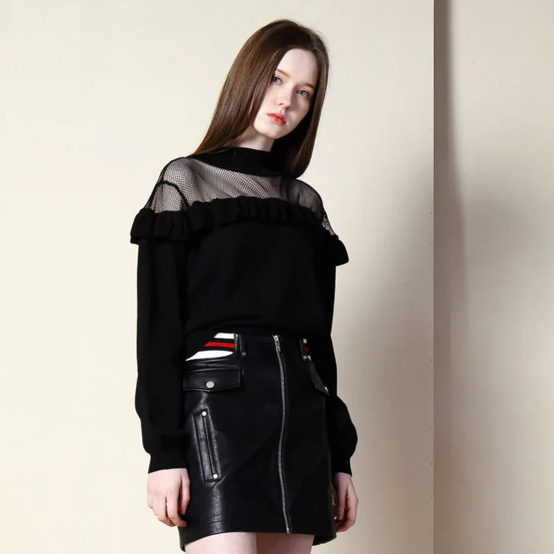  floating black pleats lace sexy turtleneck sweater women Korean style pull fem me 2019 autumn winte