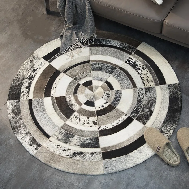 

Round shaped natural cowhide seamed patchwork rug ,genuine cows skin fur carpet for living room bedroom decoration mat