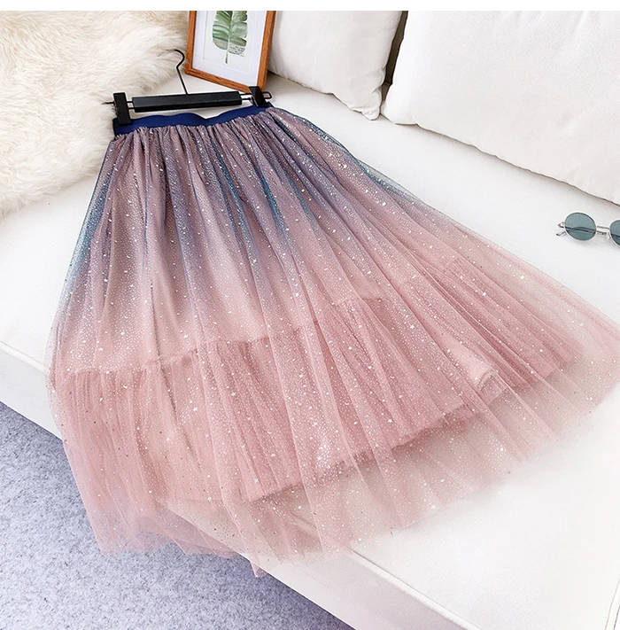 Surmiitro миди длинная юбка-пачка для женщин Летняя мода Корейская Дамская градиентная юбка с блестками и высокой талией Женская фатиновая юбка