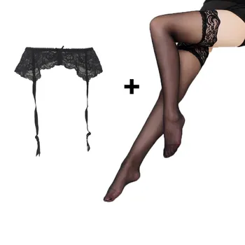 

Sexy Garters Stockings Lace Sexy Plus size Bow Metal Clips/Buckles Garter Belt with Black stocking set for Women/Female/Lady