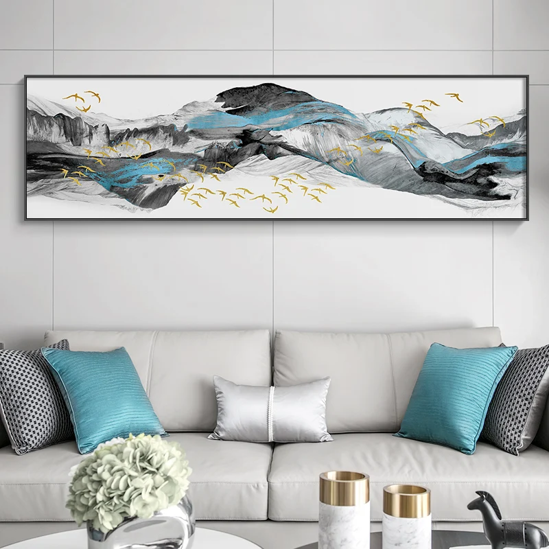 

New chinese golden blue banner style Mountains Canvas painting Bedside poster n prints Wall Art Posters For Living Room Bedroom