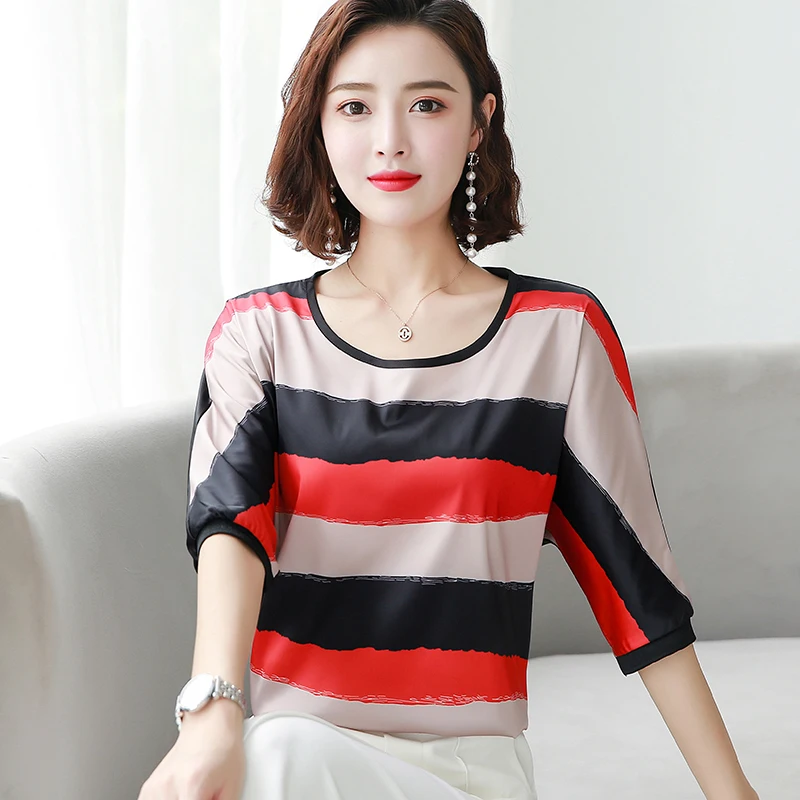 

Korean Fashion Silk Women Blouses Striped Satin Women Shirts Plus Size XXXL/4XL Womens Tops and Blusas Femininas Elegante