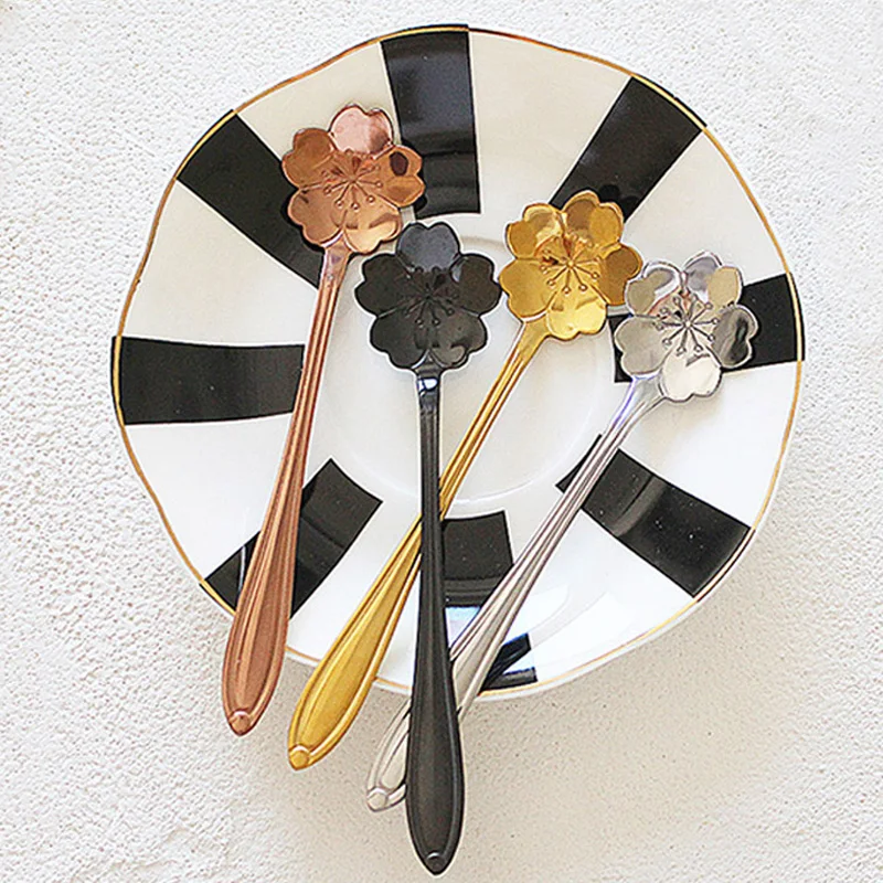 Daliuing Flower Spoon Set of 8 Stainless Steel Teaspoon Colorful Coffee Spoon Tea Spoon Mixing Spoon Sugar Spoon Black