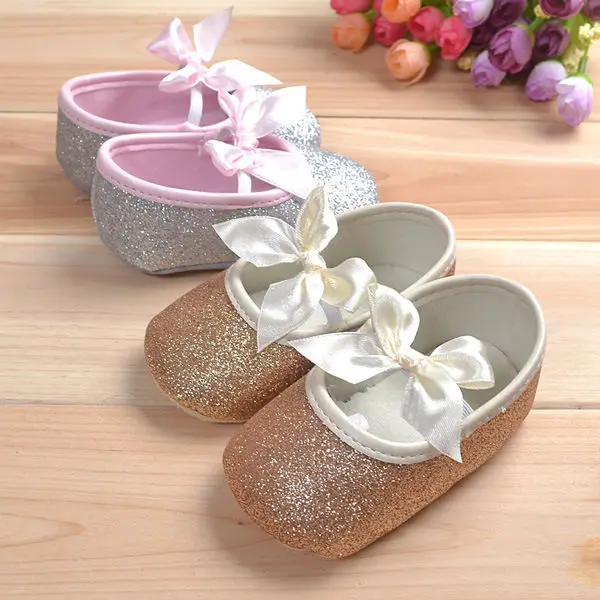 

Toddler Infant Bow Gold First Walkers Soft Sole Baby Girl Shoes Anti-slip Cotton Newborn Prewalker Shoes