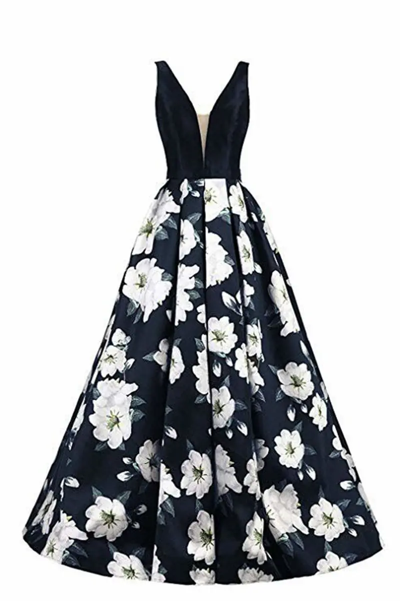 

Sexy Deep V-neck Print Backless Long Prom Dress Floral Pattern Spaghetti Strap Graduation Gown A-line Satin Party Dresses 2019