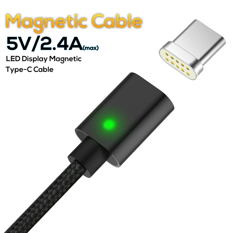 Магнитный кабель USB Type C в нейлоновой оплетке со светодиодной подсветкой для