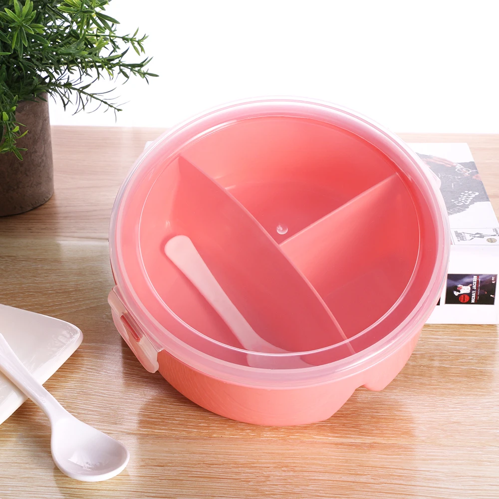 Portable 3 Partition Grids Spices Boxes With Spoon Round Storage Lunch