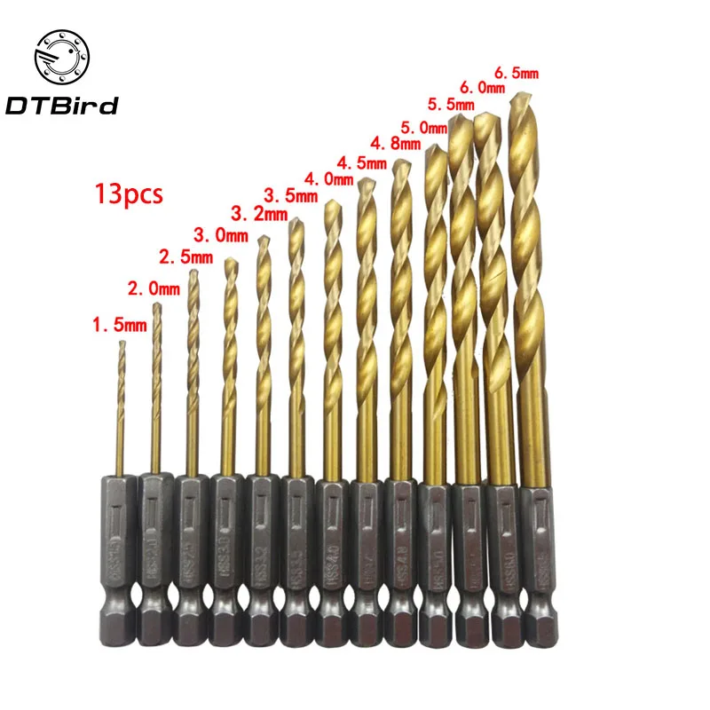 

13pcs HSS Drill Bit For Metal Titanium Coated Twist Drill Set 1.5 ~ 6.5mm with 1/4" Hex Shank Hex Screw Woodworking DT6