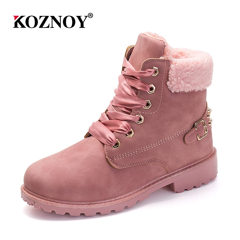 

Krasovki New Pink Women Boots Lace up Solid Casual Ankle Boots Martin Round Toe Women Shoes winter snow boots warm british style
