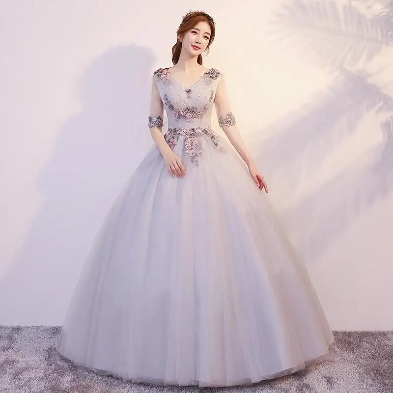 Бандажное дебютантное платье для девочек Пышное Платье с кристаллами милое платье с шестью бальное платье полурукавная аппликация платье Vestido De15 Anos - Цвет: Gray