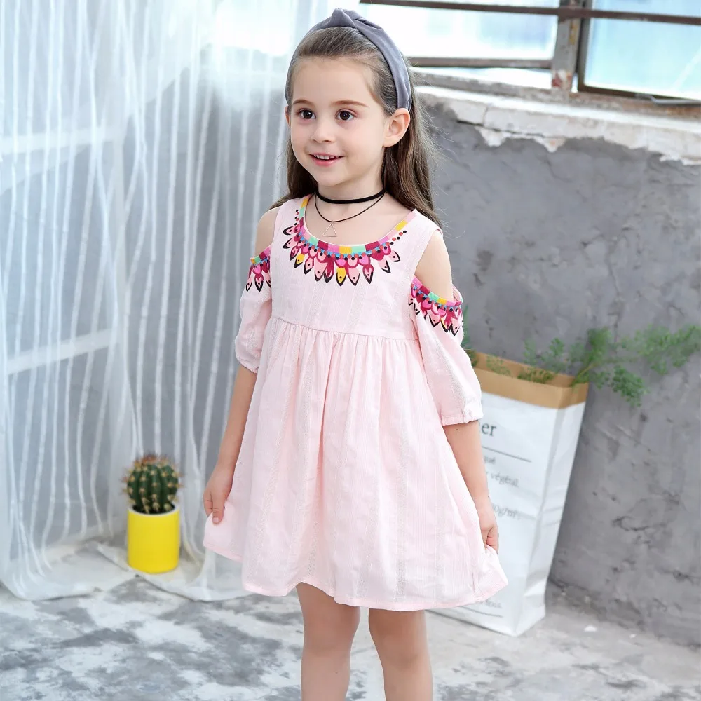 2019 Girls Cotton Dress Lipstick Print Summer Off Shoulder Sleeve Kids