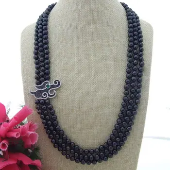 

N111506 28'' 3 Strands Black Round Pearl Necklace CZ Pendant