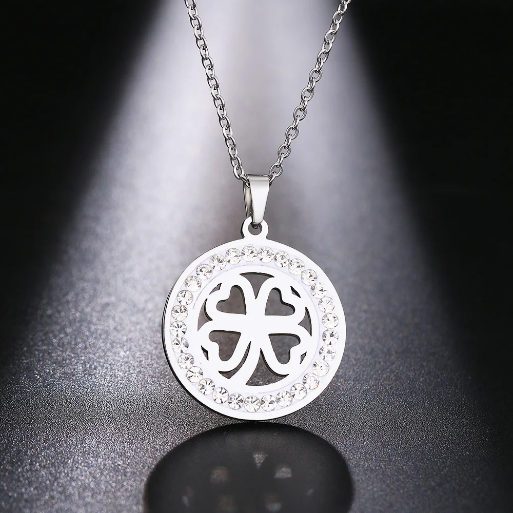 Cacana Stainless Steel Crystal Round Pendants Necklace Women Jewelry Hollow clover Donot Fade Valentine's Day Gift (6)
