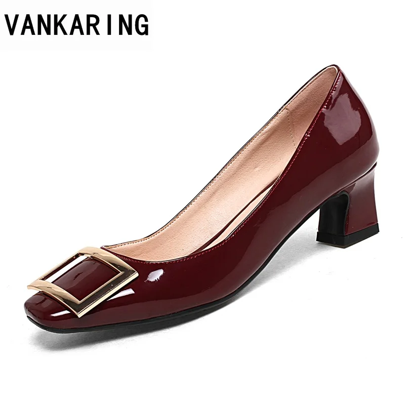

VANKARING women shoes new fashion thin heels square toe patent leather shoes woman dress party office ladies shoes pumps 34-43