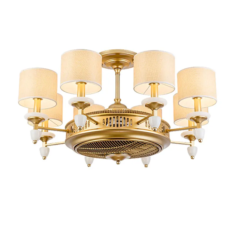 

Post modern pendant lights with Electric fan function for foyer bedroom 6/8 lamp cloth art shade gold lamp body fan hanging lamp