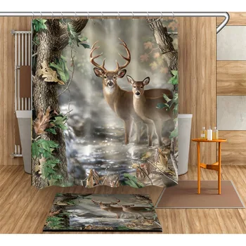 

LB Wildlife Deer Shower Curtain with Mat Set Animal Jungle Creek Sunlight Waterproof Bathroom Polyester Fabric For Bathtub Decor