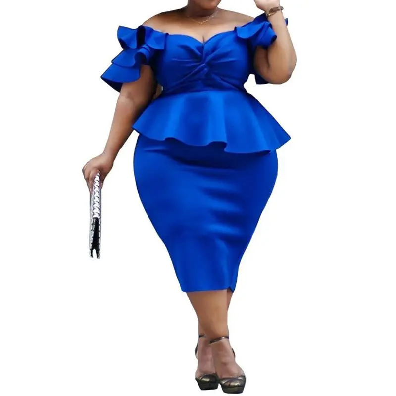 Королевский синий плюс размер платье 2019 женские миди платья Bodycon Ruffle рукава