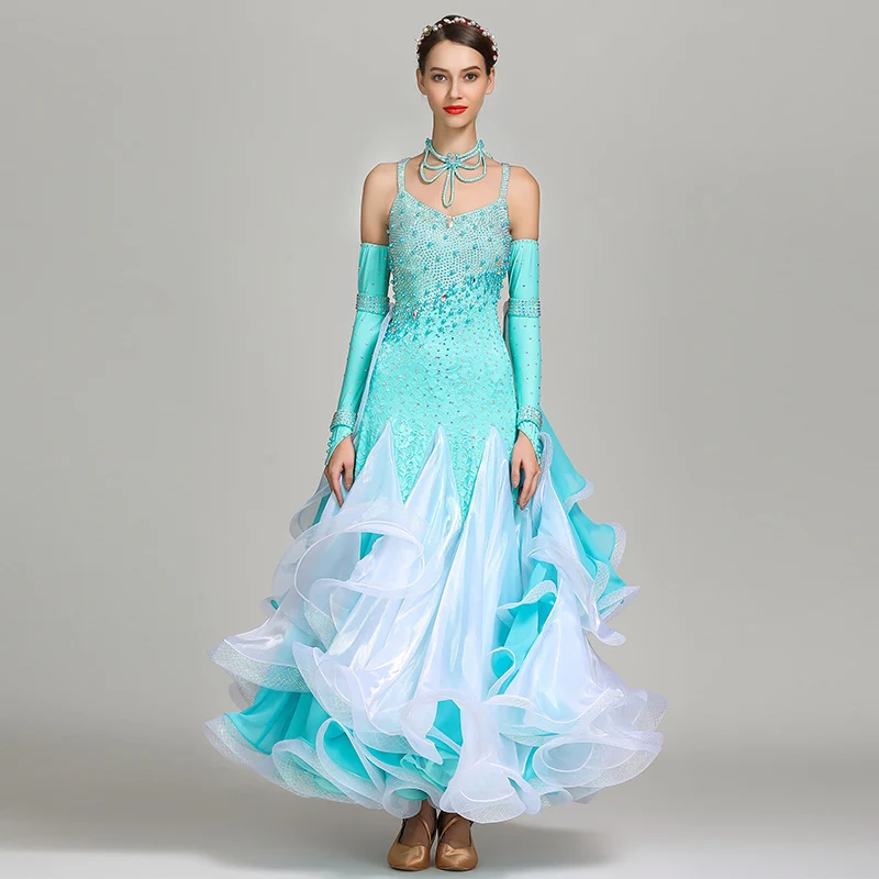 Синее бальное платье с блестками, женские платья для конкурса бальных танцев, танцевальная одежда для женщин, современный танцевальный костюм, платье для вальса - Цвет: blue