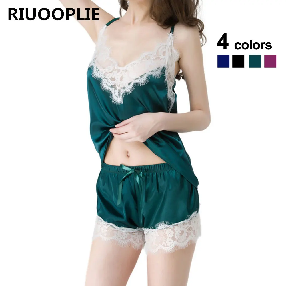 

RIUOOPLIE Sexy Satin Cami and Shorts Set Lace Nightgowns Comfy Sleepwear Pajamas Suit