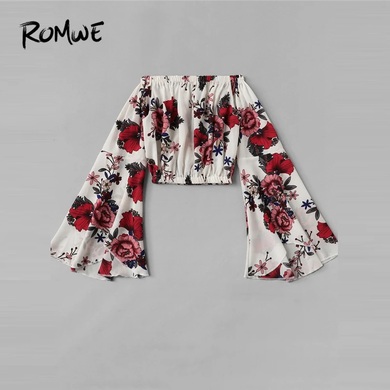 ROMWE топ с открытыми плечами и рукавами-крылышками,, сексуальная женская блузка с цветочным рисунком, весна-осень, блузка с рукавами-воланами, распутная блузка с вырезом лодочкой