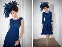 Mother of the Bride Dresses with jacket 2015 new sexy knee-length for Weddings cap sleeve vestidos de festa a-line blue chiffon 2015 elegant a line and knee length flower girl dresses for weddings layered and unique handmade flower design